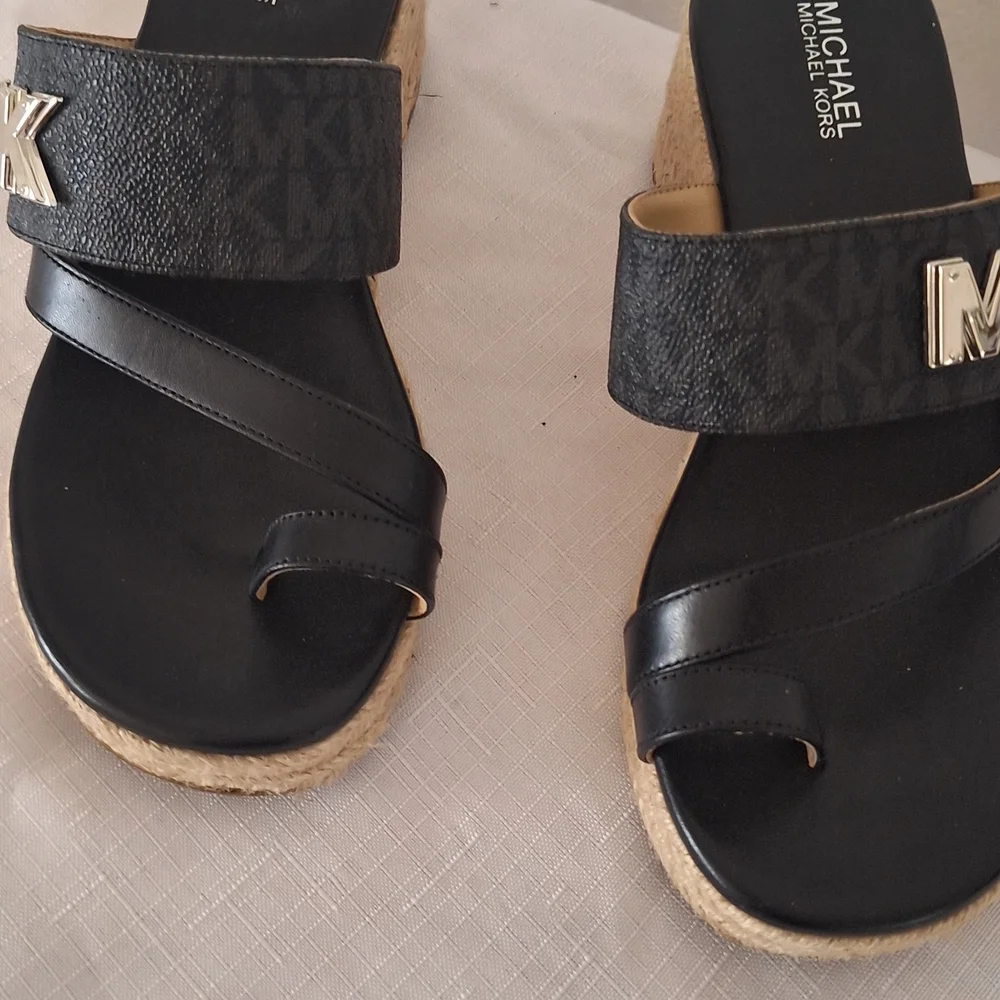 Michael Kors Black MK Logo Espadrille Slide Sandals with Gold Accents - Picture 4 of 5